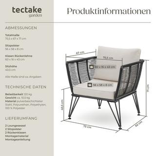 Tectake 2er Set Garten-Loungesessel Sundo im Rope-Design je 120 kg Belastbarkeit, höhenverstellbare Füße  