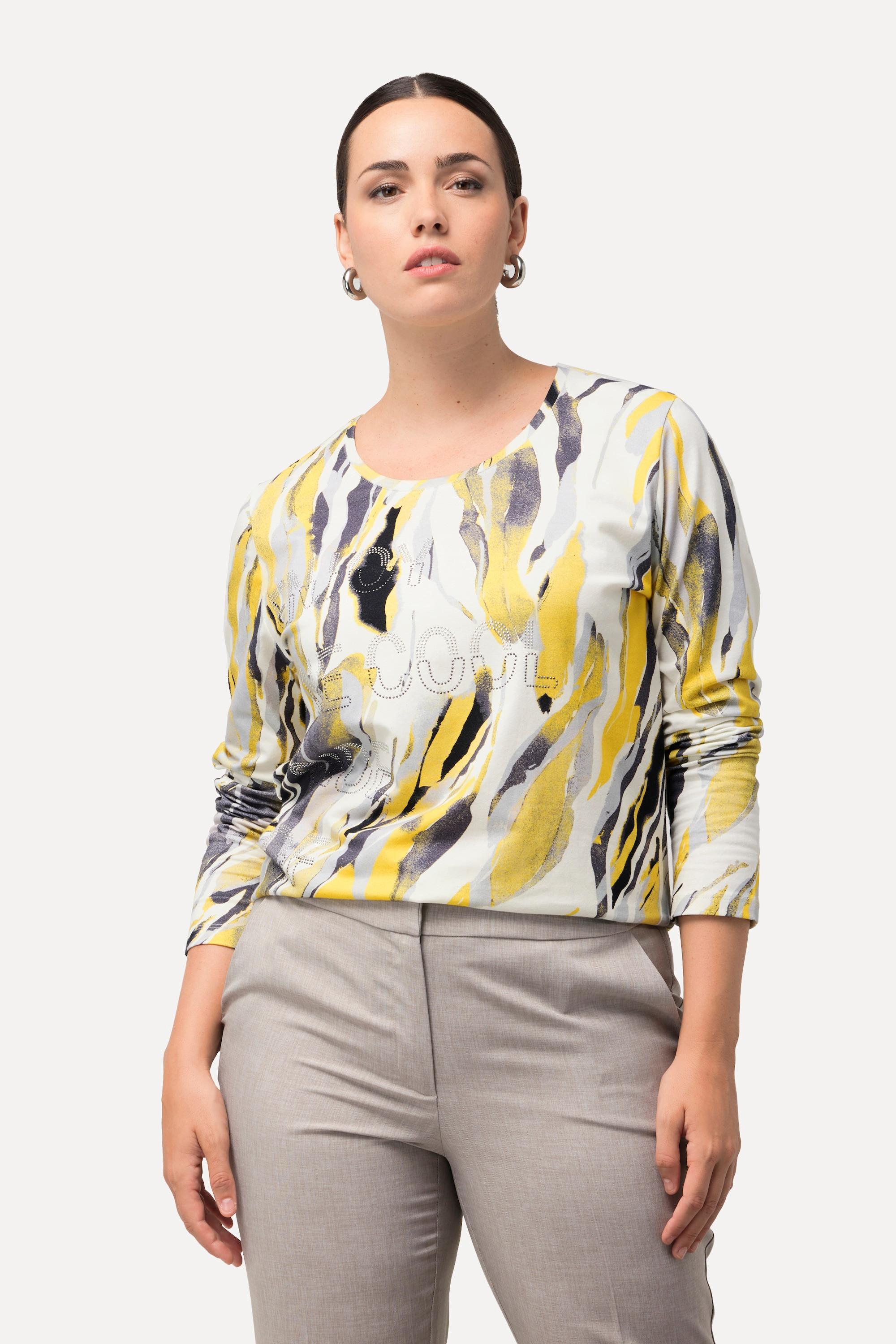 Ulla Popken  Shirt, Marmordruck, Ziersteine, Rundhals, Langarm 