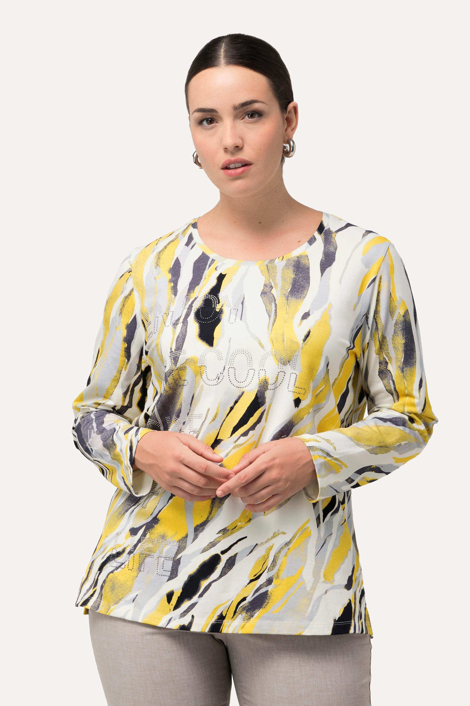 Ulla Popken  Shirt, Marmordruck, Ziersteine, Rundhals, Langarm 