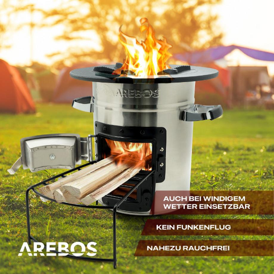 Arebos  Raketenofen inkl. Grillpfanne Dutch Oven BBQ Rocket Stove Camping-Ofen 