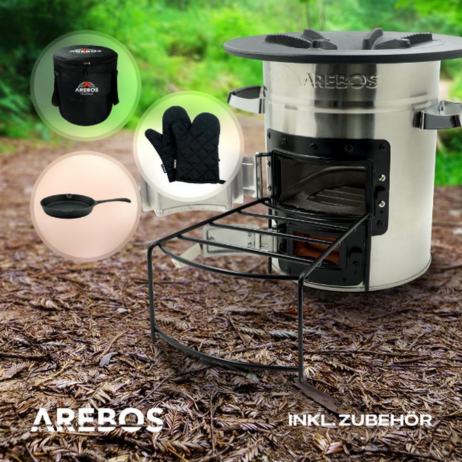 Arebos  Raketenofen inkl. Grillpfanne Dutch Oven BBQ Rocket Stove Camping-Ofen 
