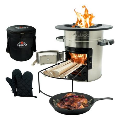 Arebos  Raketenofen inkl. Grillpfanne Dutch Oven BBQ Rocket Stove Camping-Ofen 