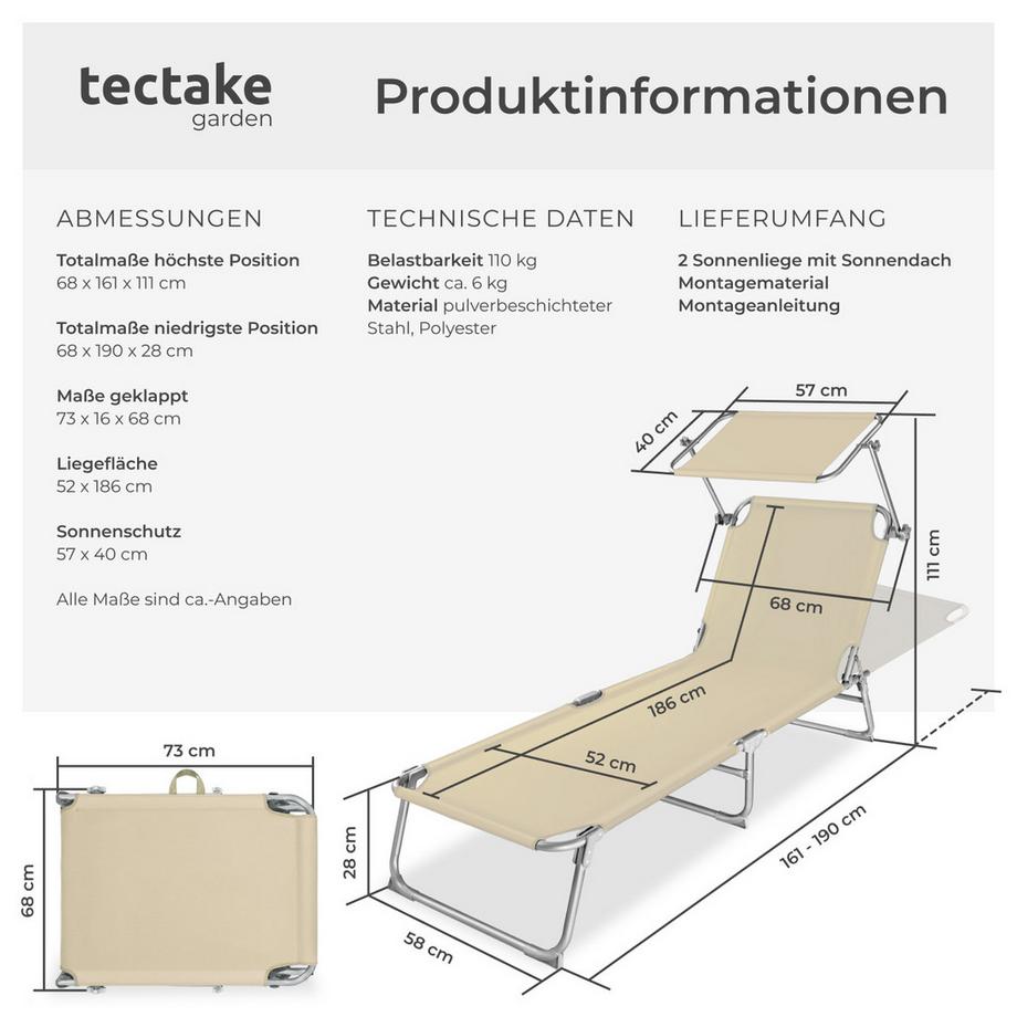 Tectake Set di 2 lettini prendisole  pieghevoli  