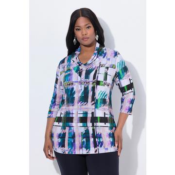 Maglia in tessuto fluente con quadri, scollo a goccia e maniche a 3/4