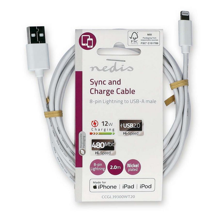 Nedis  Cavo Lightning | USB 2.0 | Apple Lightning, 8-pin | USB-A Maschio | 480 Mbps | Nichelato | 2,00 m | Rotondo | PVC | Bianco | Etichetta 