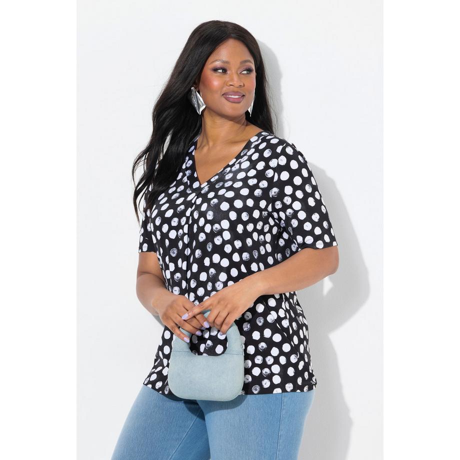 Ulla Popken Maglia Slinky Pois Pieghe Decorative Scollo V Mezze Maniche  