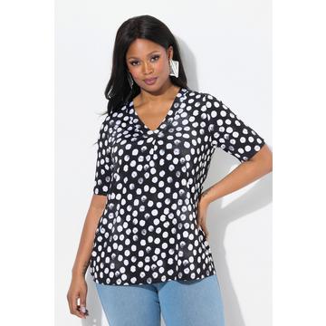 Maglia in tessuto fluente con pallini, piega decorativa, scollo a V e mezze maniche