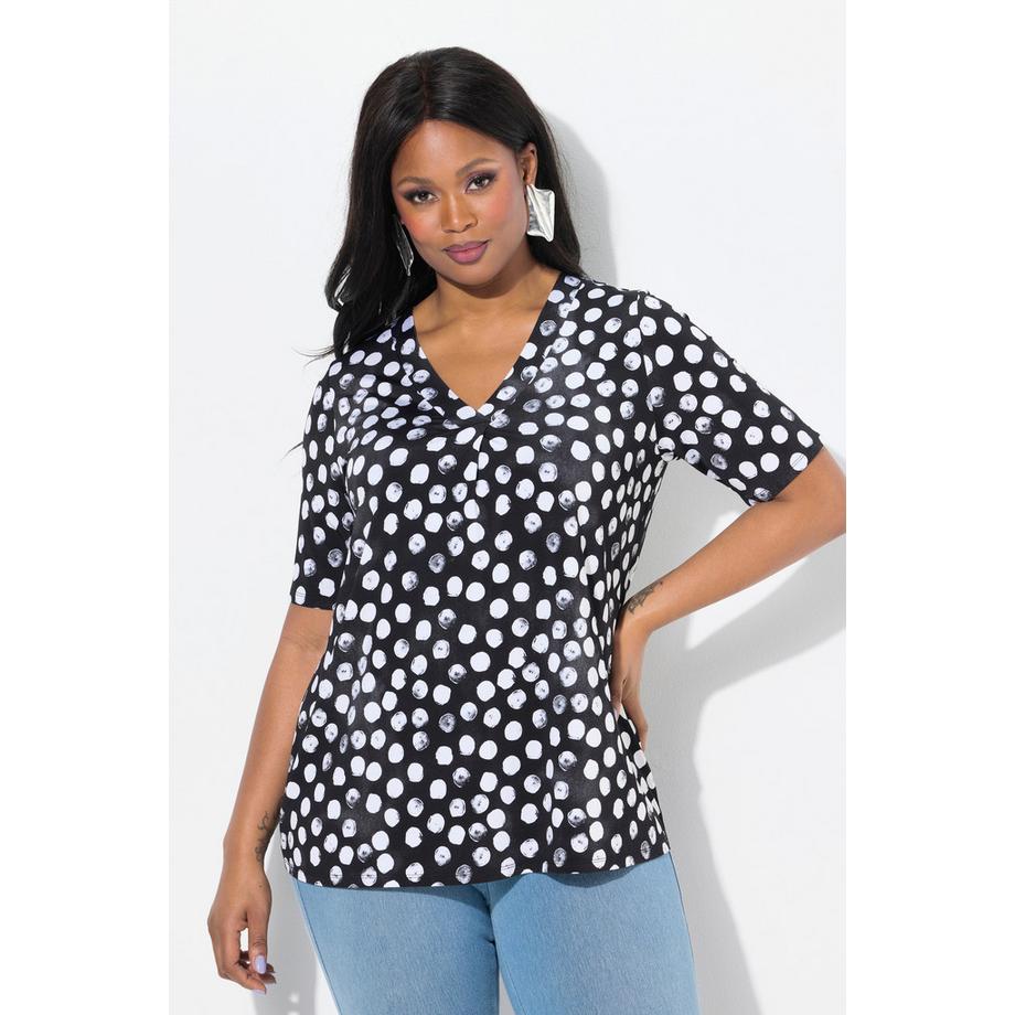 Ulla Popken Maglia Slinky Pois Pieghe Decorative Scollo V Mezze Maniche  