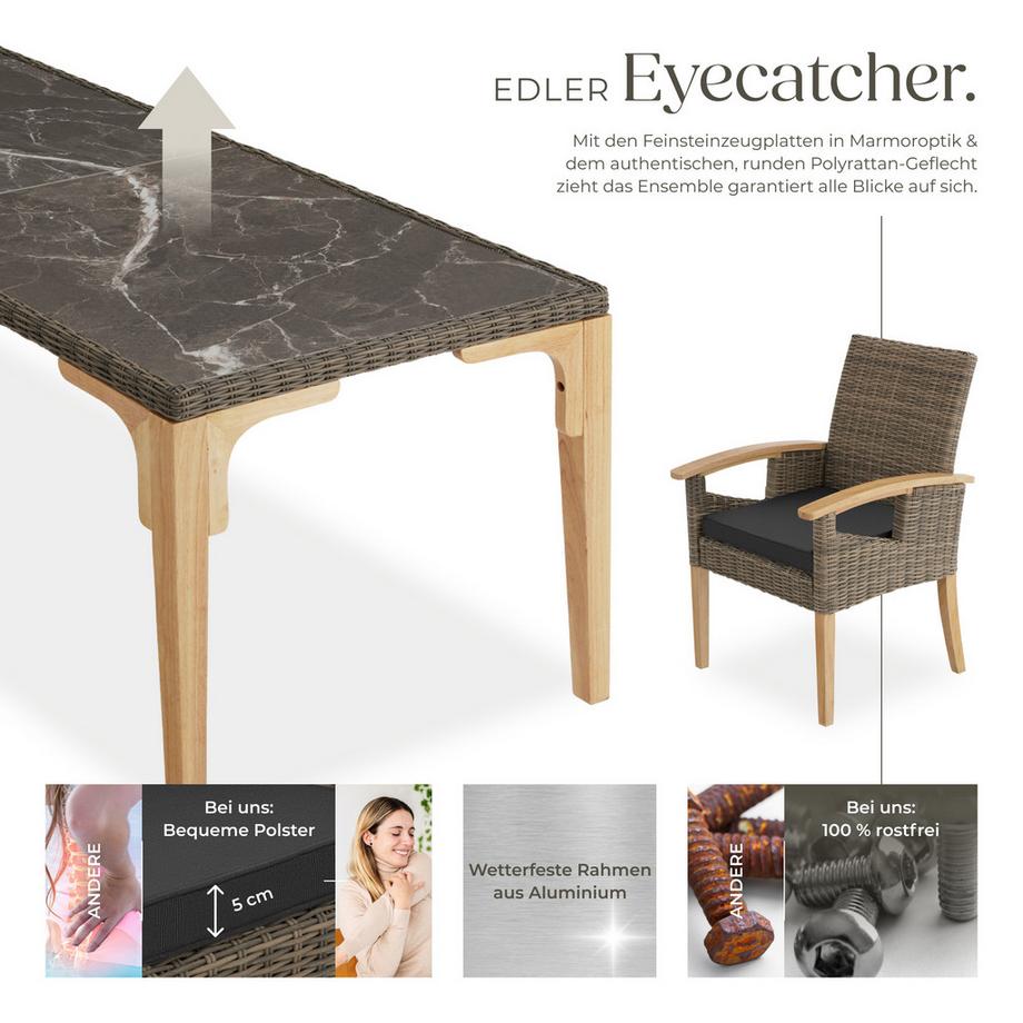 Tectake Ensemble table en rotin avec 6 chaises FOGGIA avec cadre solide  