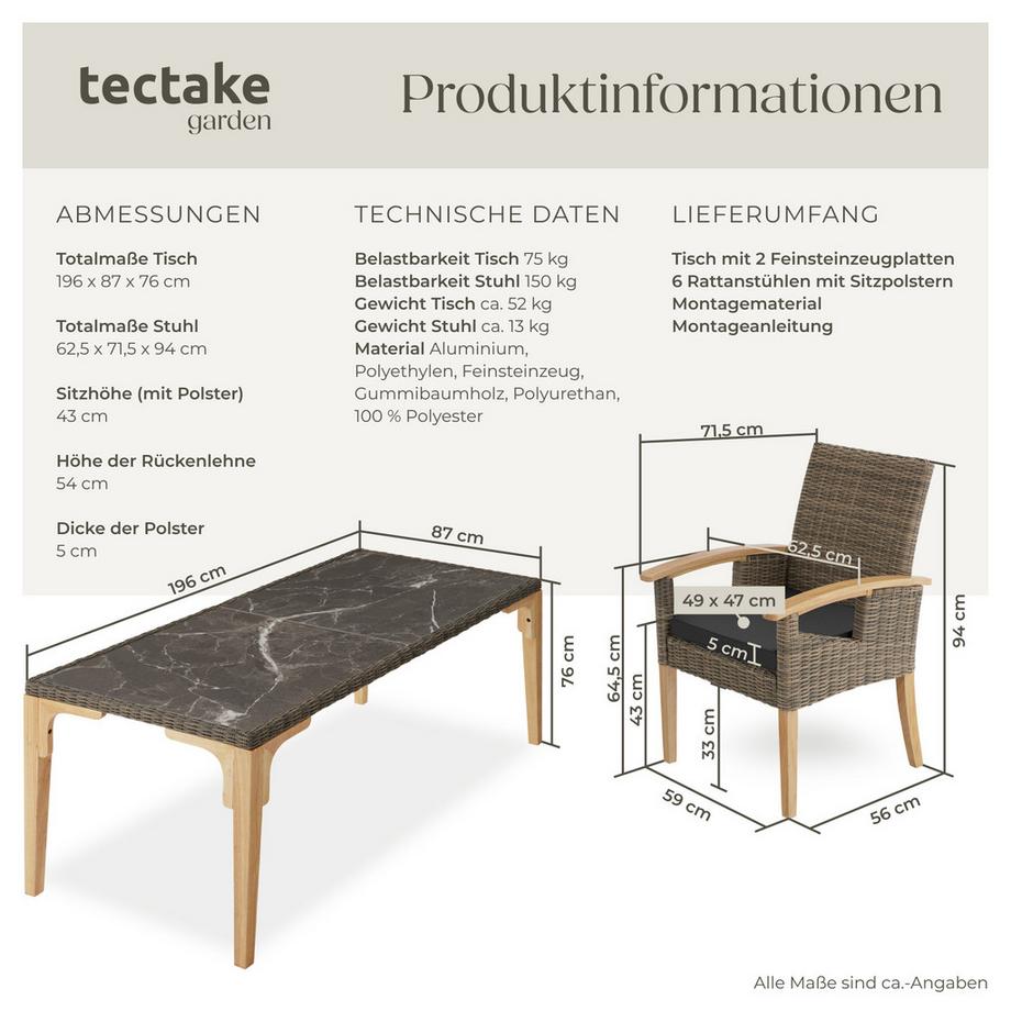 Tectake Ensemble table en rotin avec 6 chaises FOGGIA avec cadre solide  