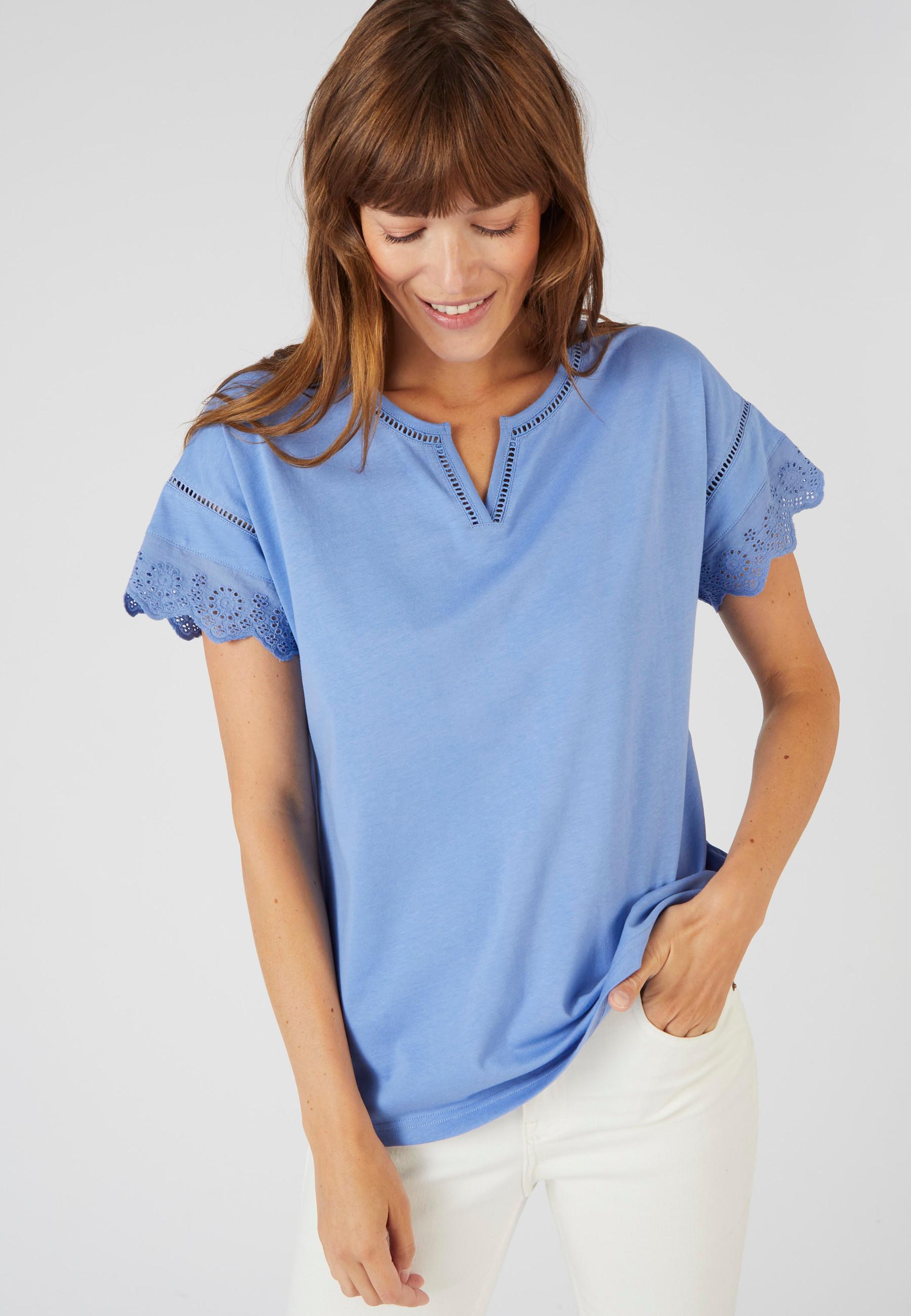 Image of T-shirt Aus Reiner Biobaumwolle, Mit Lochstickerei. Damen Blau 50/52