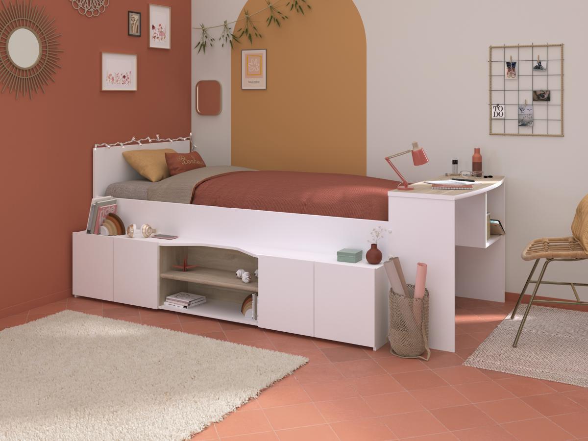 Vente-unique Letto combinato 90 x 190/200 cm con scrivania e scomparti Bianco e Naturale - JOCHIANE  