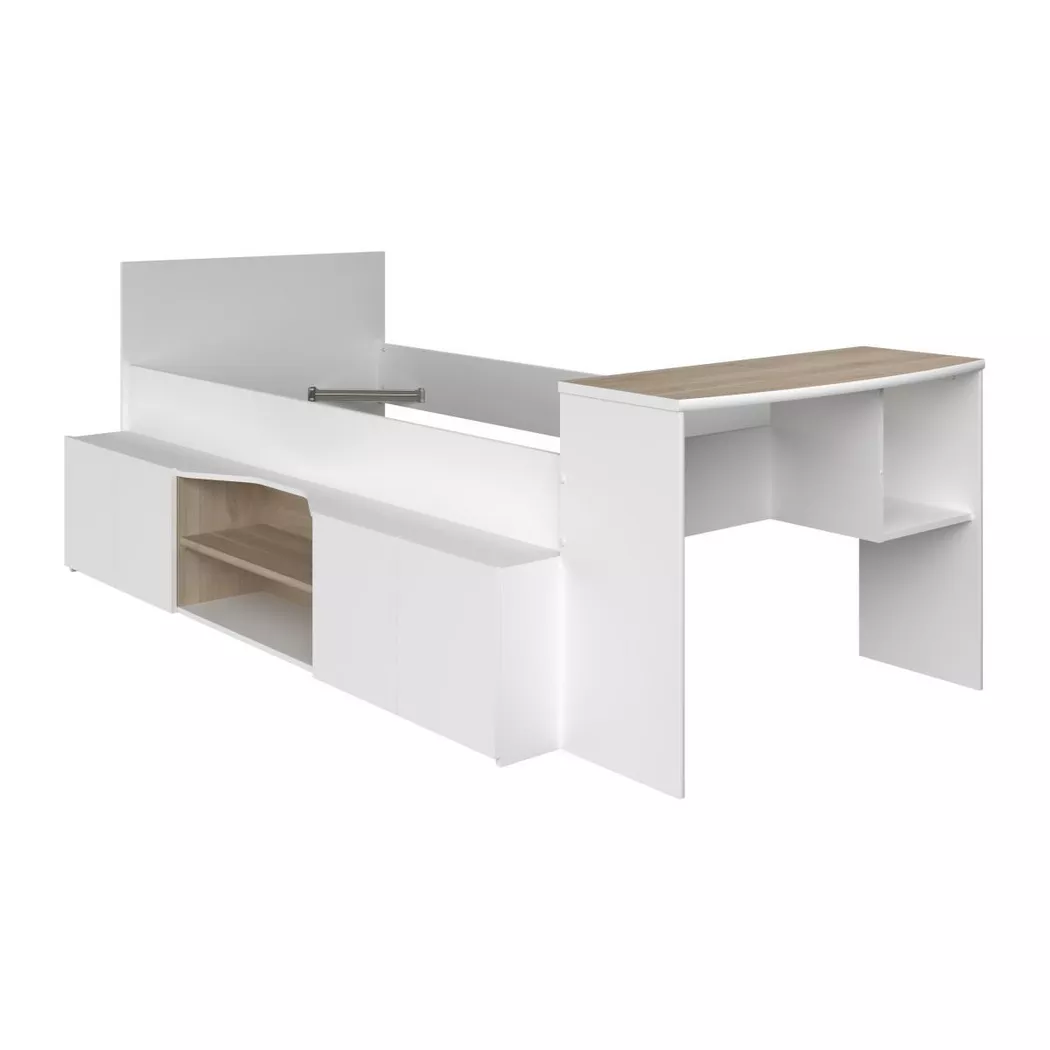 Lit combiné 90 x 190/200 cm avec bureau et rangements - Blanc et naturel - JOCHIANE
