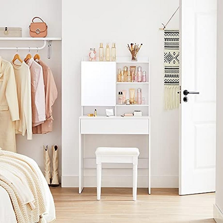 Pricenet  Coiffeuse blanche minimaliste avec miroir et rangement 