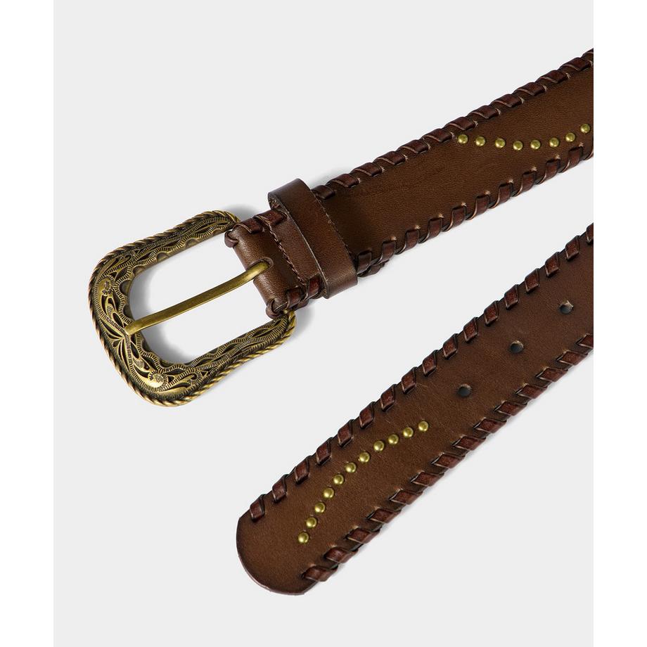 Joe Browns Brauner gemusterter Ledergürtel goldene Schnalle Nieten  