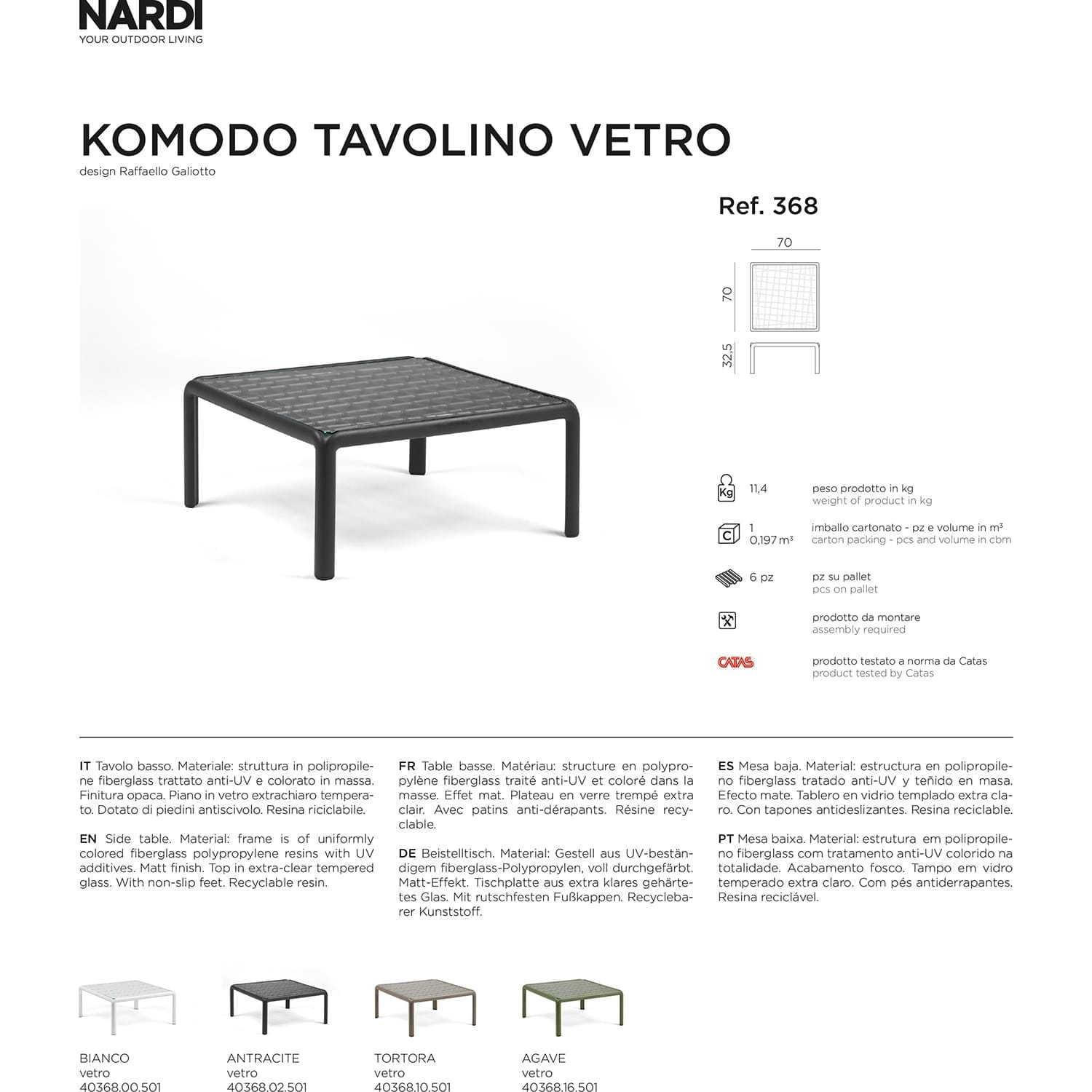 NARDI outdoor Tavolino da giardino Komodo vetro antracite 70  