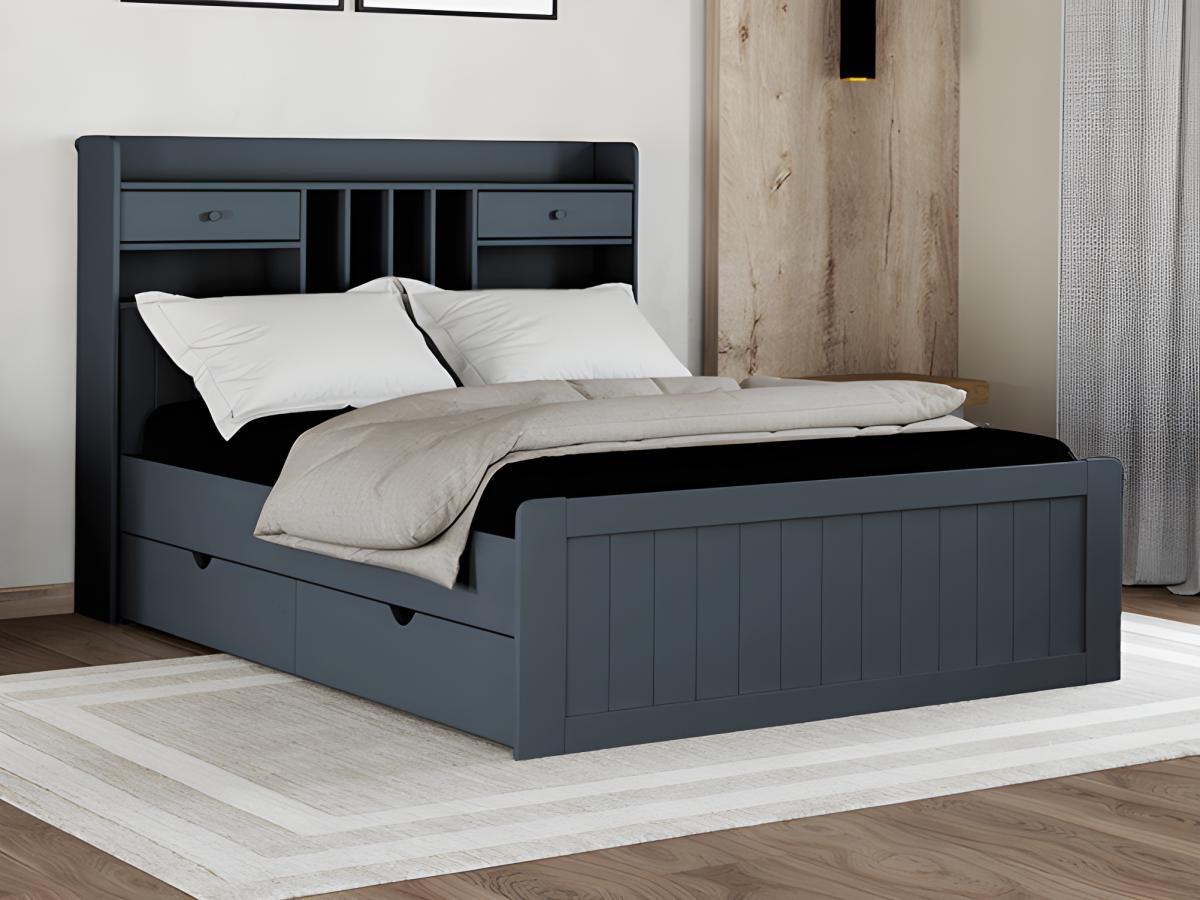 Vente-unique Lit avec rangements 140 x 190 cm - Pin - Gris anthracite + Sommier + Matelas - MEDERICK  