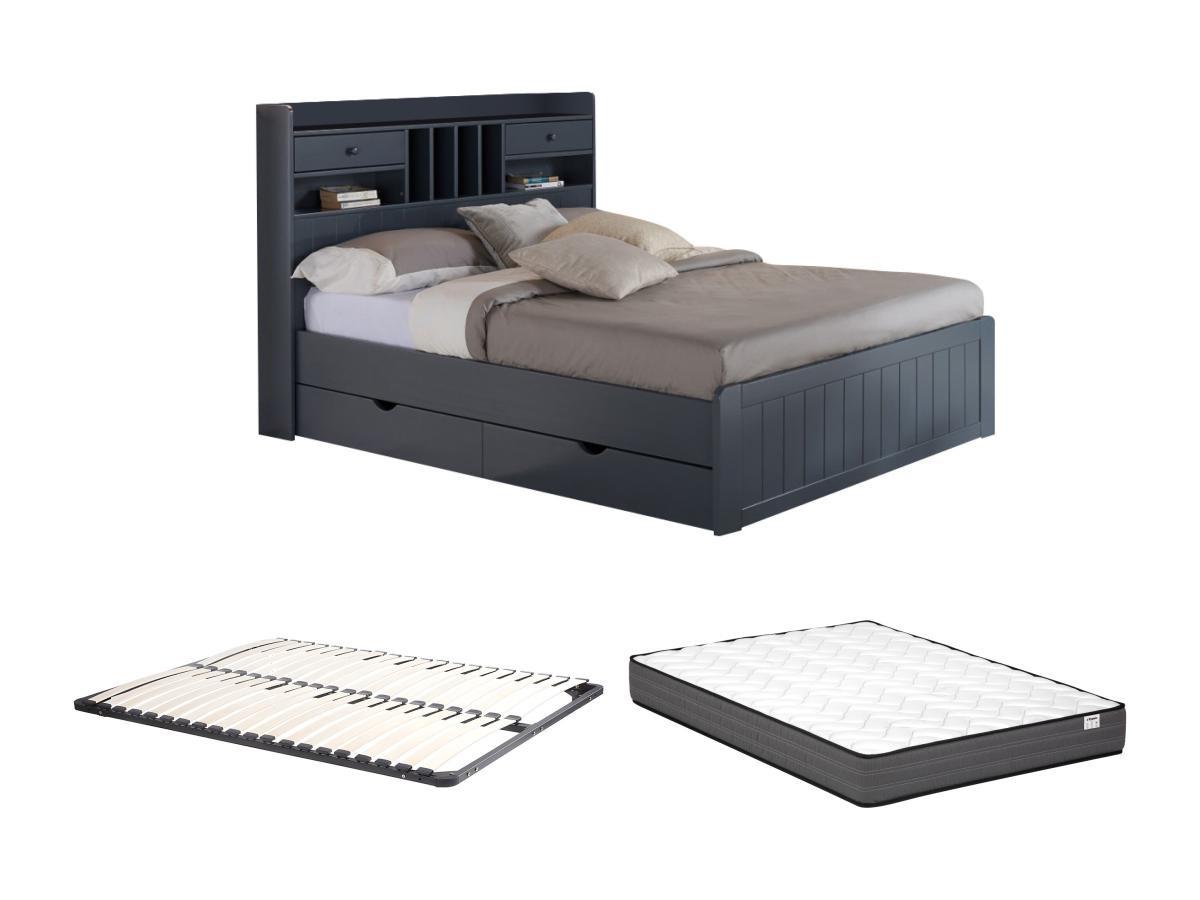 Vente-unique Lit avec rangements 140 x 190 cm - Pin - Gris anthracite + Sommier + Matelas - MEDERICK  