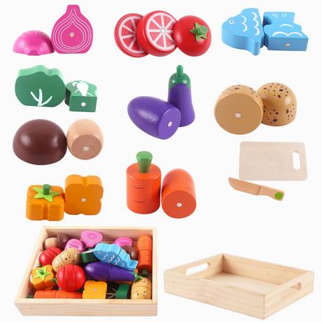 Activity-board  Accessoires de cuisine en bois pour jouer Couper les légumes Aliments avec connexion Velcro Jouet éducatif 