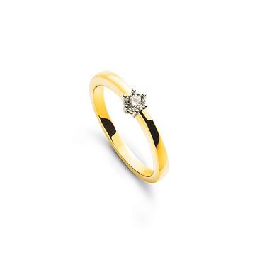 Solitär Ring 6-Griff Gelbgold 750, Brillanten 0.10ct. Fassung Weissgold 750