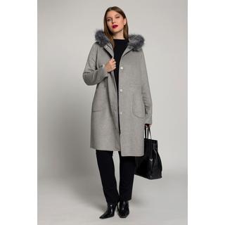 Ulla Popken  Manteau en laine, cordon coulissant à la taille, fourrure imitation amovible 