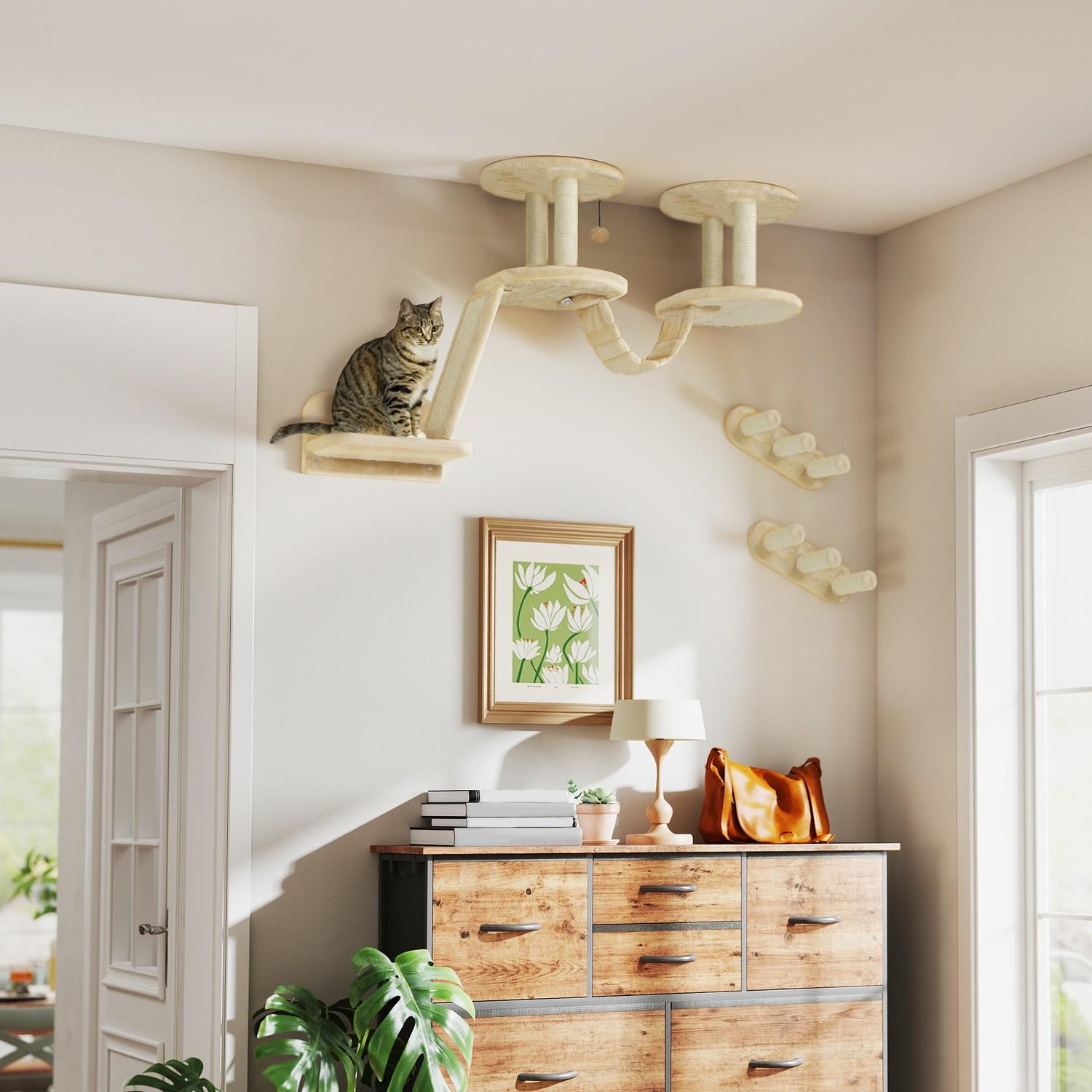 Northio  Set parete da arrampicata per gatti, mobili per gatti in 3 pezzi con tiragraffi, trespoli, scaletta, gradini, tiragraffi, per gatti fino a 5 kg, sisal, beige 