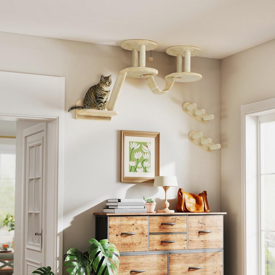 Northio  Set parete da arrampicata per gatti, mobili per gatti in 3 pezzi con tiragraffi, trespoli, scaletta, gradini, tiragraffi, per gatti fino a 5 kg, sisal, beige 