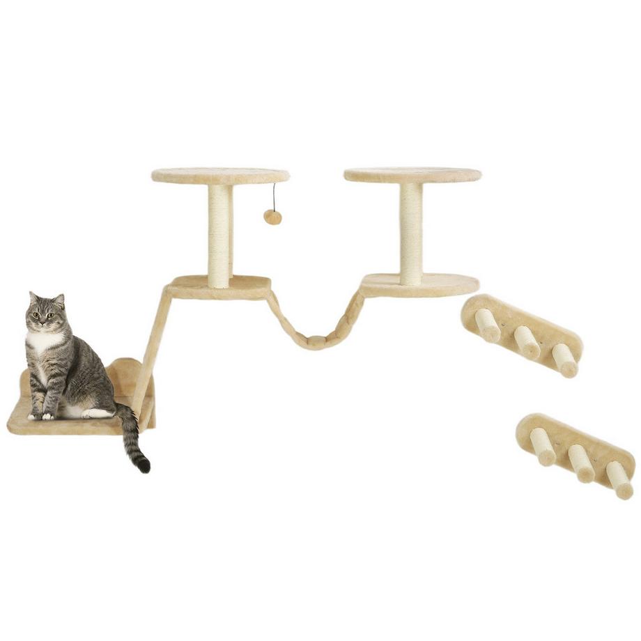 Set parete da arrampicata per gatti, mobili per gatti in 3 pezzi con tiragraffi, trespoli, scaletta, gradini, tiragraffi, per gatti fino a 5 kg, sisal, beige