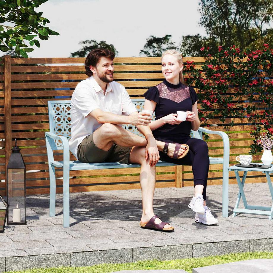 Northio 2-Sitzer Gartenbank, wetterfest Sitzbank, Gartenmöbel mit Rücken- & Armlehnen, Parkbank 240kg belastbar, Balkonbank für Balkon Terrasse, Garten, 127 x 63 x 85cm, Blau  