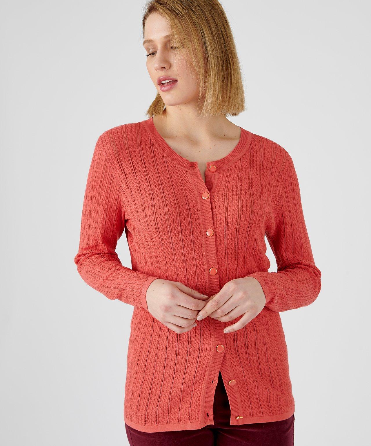 Image of Cardigan Aus Feinstrick Mit Zopfmuster Und Ajours. Damen Rot 34-36