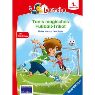 Tonis magisches Fußball-Trikot - lesen lernen mit dem Leserabe - Erstlesebuch - Kinderbuch ab 6 Jahren - Lesen lernen 1. Klasse Jungen und Mädchen (Leserabe 1. Klasse) Haas, Meike; Saße, Jan (Illustrationen) Gebundene Ausgabe 