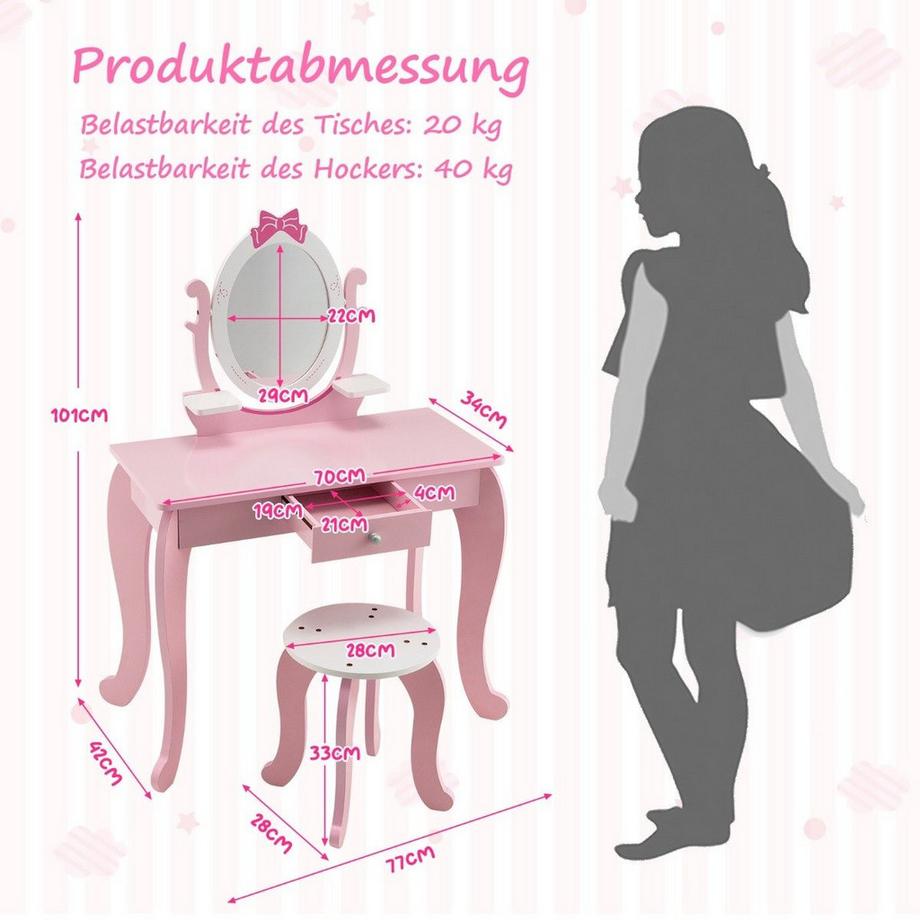 Northix  2-in-1 Kinder Schminktisch-Set aus Holz mit Hocker für Kinder von 3–7 Jahren Rosa + Weiß 