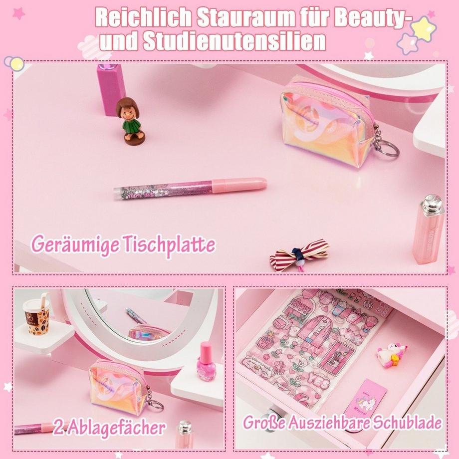 Northix  2-in-1 Kinder Schminktisch-Set aus Holz mit Hocker für Kinder von 3–7 Jahren Rosa + Weiß 