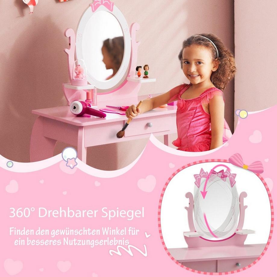 Northix  2-in-1 Kinder Schminktisch-Set aus Holz mit Hocker für Kinder von 3–7 Jahren Rosa + Weiß 