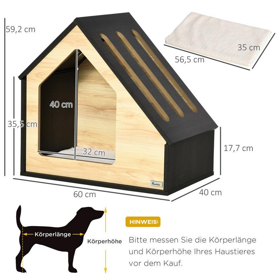 Northio  Hundehütte Aus Holz Gemütliche Indoor Katzenhöhle & Hundeschlafplatz Mit Kissen, Für Kleine Hunde Bis 8Kg, 60X40X59,2Cm 
