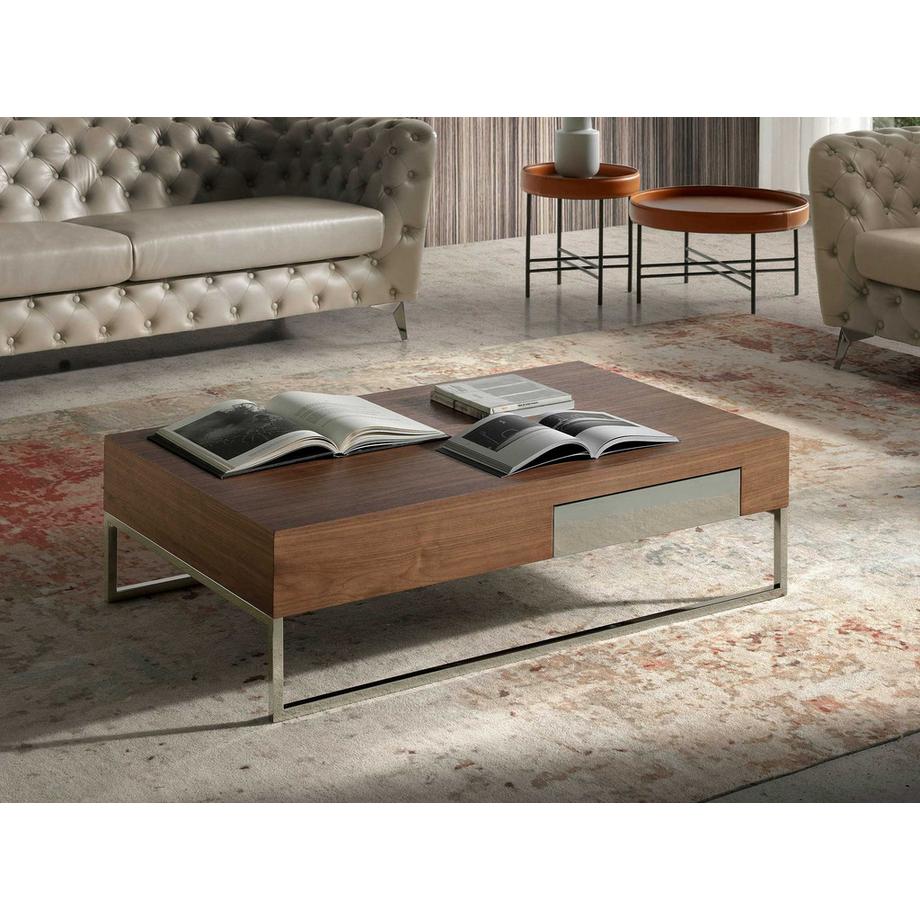 ANGEL CERDA Table basse rectangulaire en noyer et acier chromé  