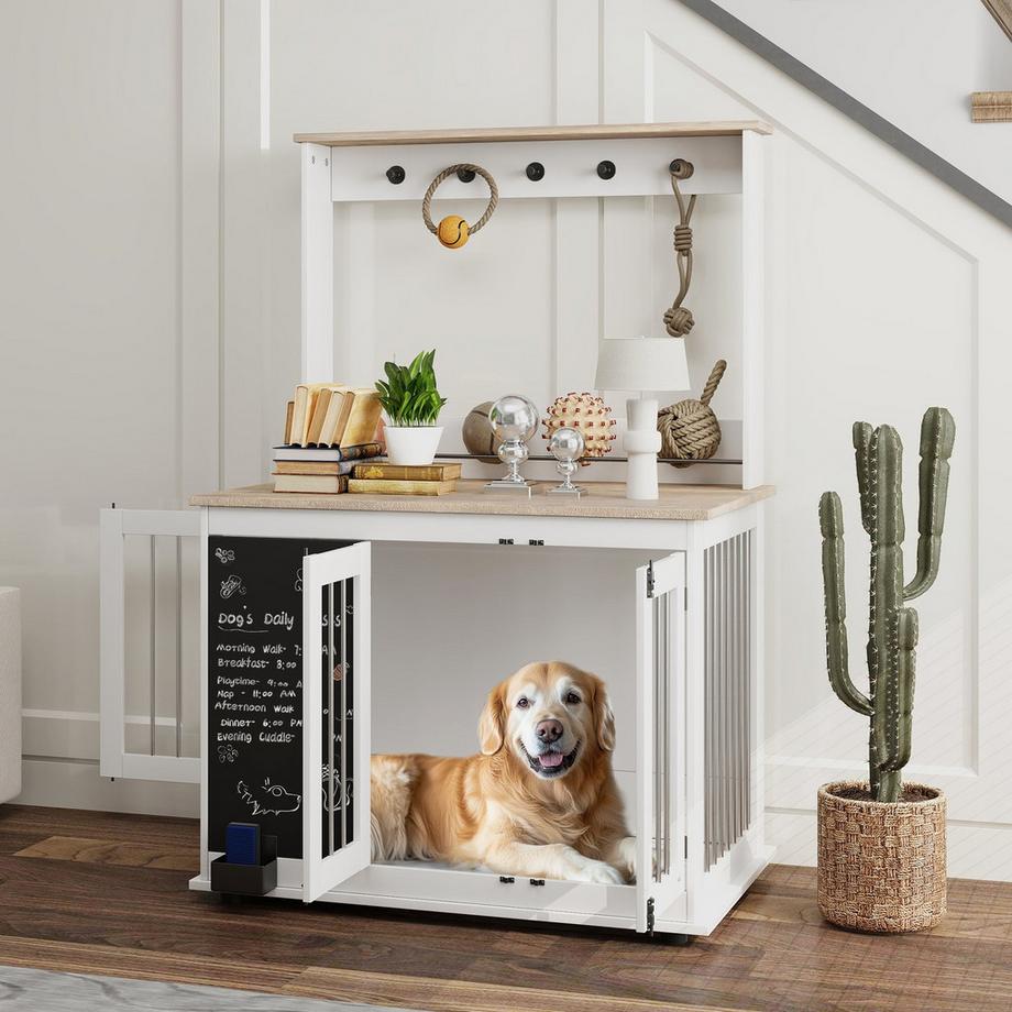 Northio  Cage pour chien avec 3 portes, support de rangement pour jouets, maison pour chien avec crochets, tableau d'écriture, gomme pour grands chiens, blanc 