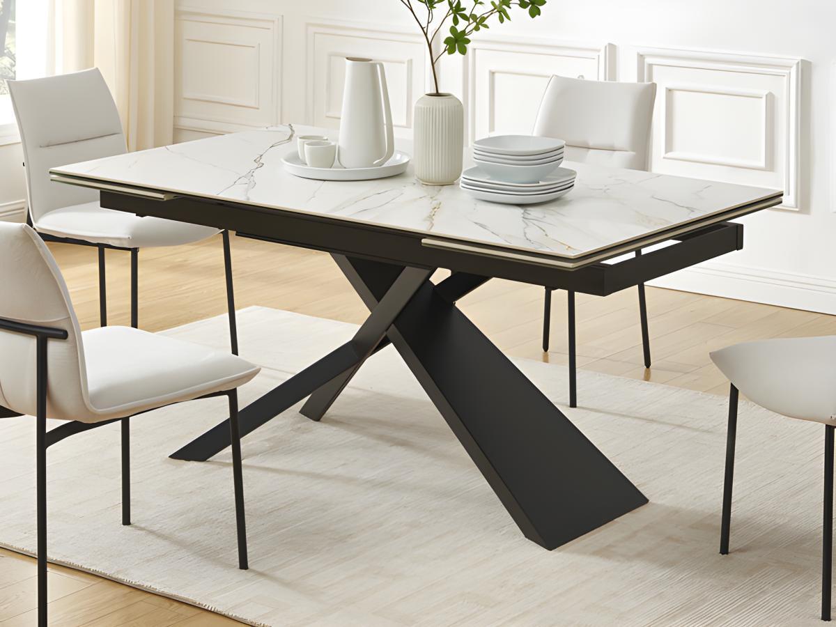 Maison Céphy Table à manger extensible 6 à 10 personnes en céramique, verre trempé et métal - Effet marbre blanc et Noir - LUMIEL de Maison Céphy  