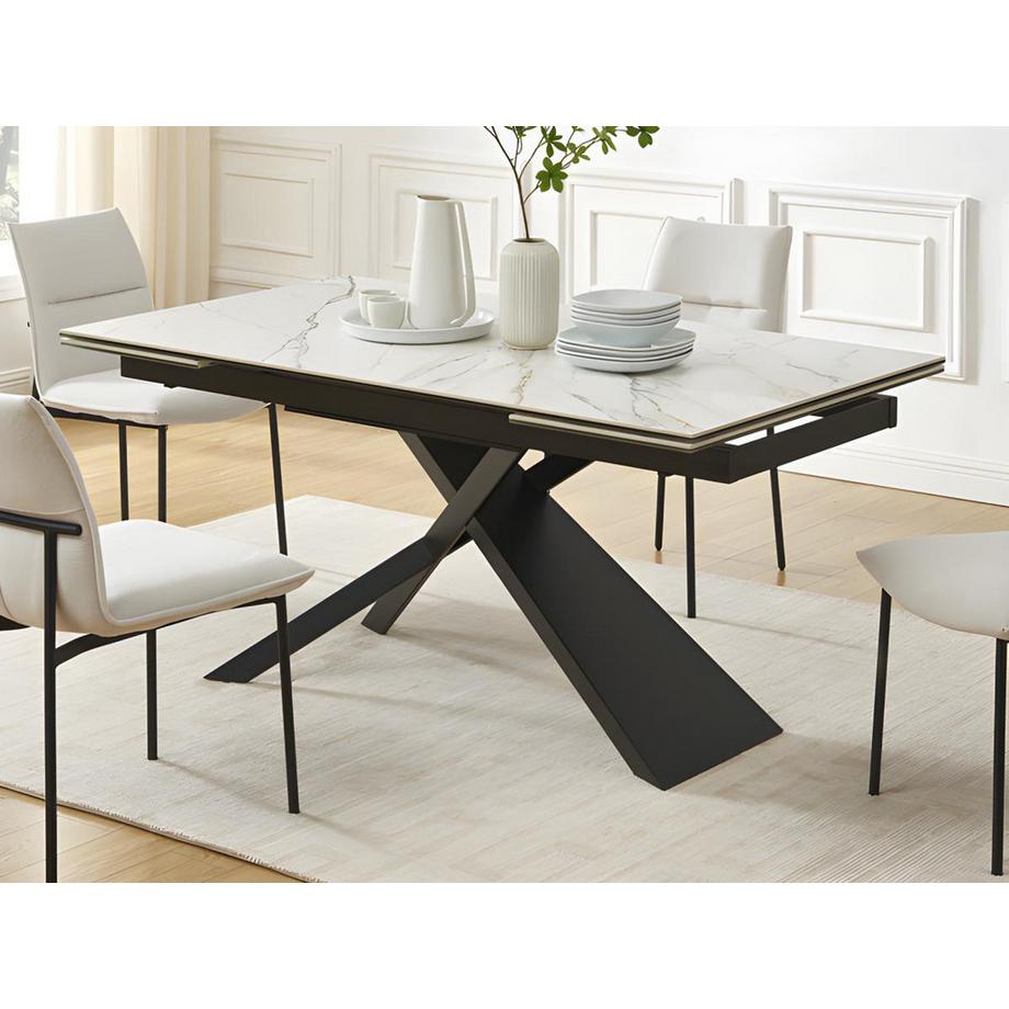 Maison Céphy Esstisch ausziehbar - 6 bis 10 Personen - Keramik , Sicherheitsglas & Metall - Marmor-Optik Weiß & Schwarz - LUMIEL  