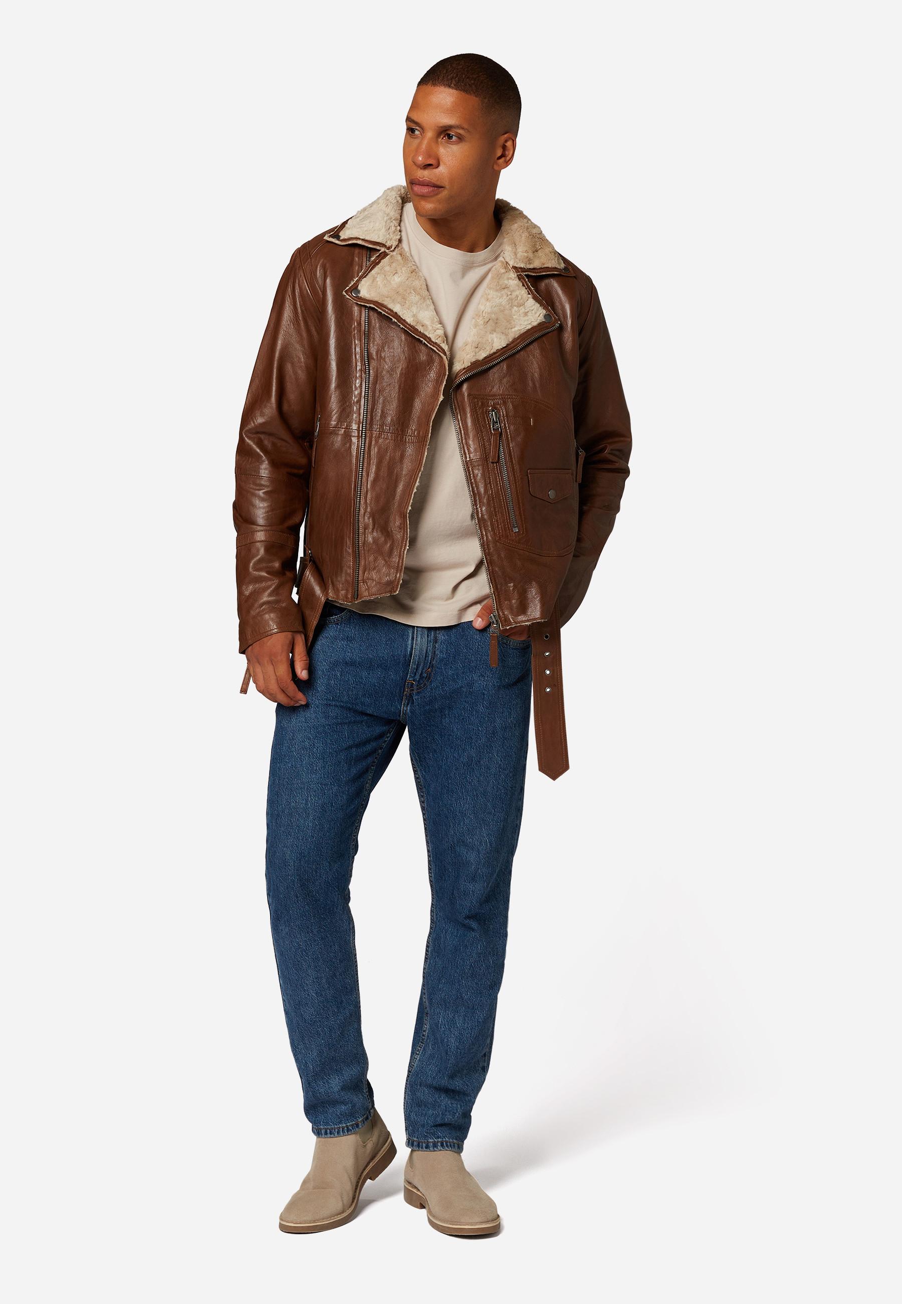 RICANO  Veste en cuir pour homme Harlem - Style Biker avec doublure en fourrure 