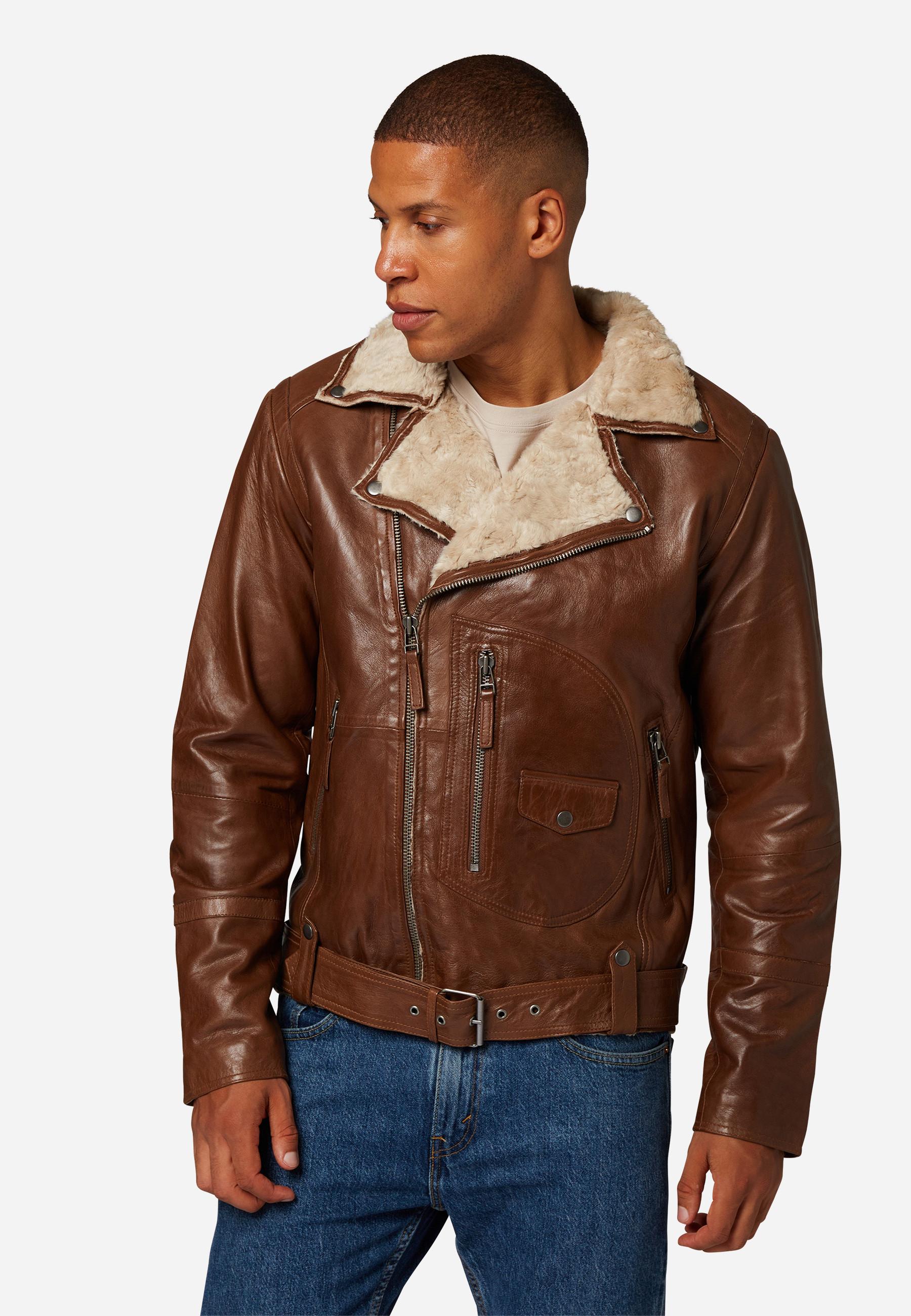 RICANO  Veste en cuir pour homme Harlem - Style Biker avec doublure en fourrure 