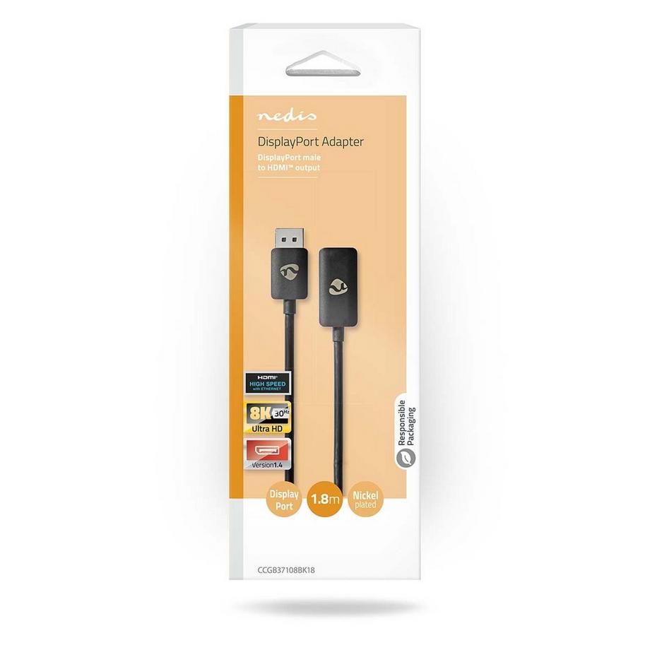 Nedis  Adaptateur DisplayPort | DisplayPort Male | HDMI™ Connector | 8K@30Hz | Nickelé | Droit | 1.80 m | Rond | TPE | Noir | Boîte 