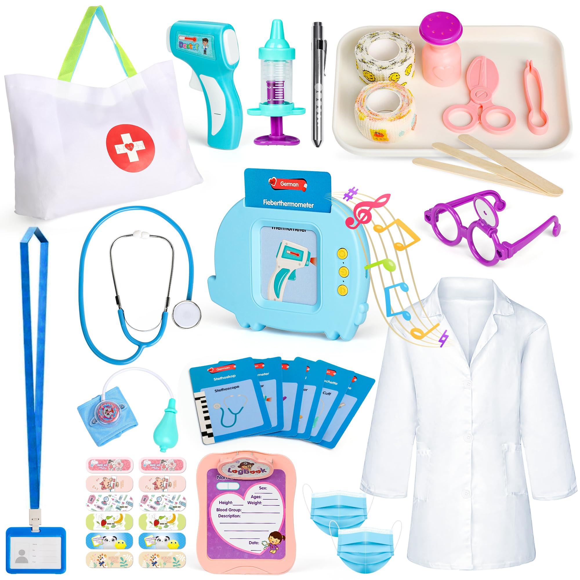 Activity-board  Mallette de médecin pour enfants, mallette de médecin pour enfants, jouet éducatif avec flashcards parlantes en allemand, stéthoscope, sacoche de médecin, jeu d'ensemble de médecins 