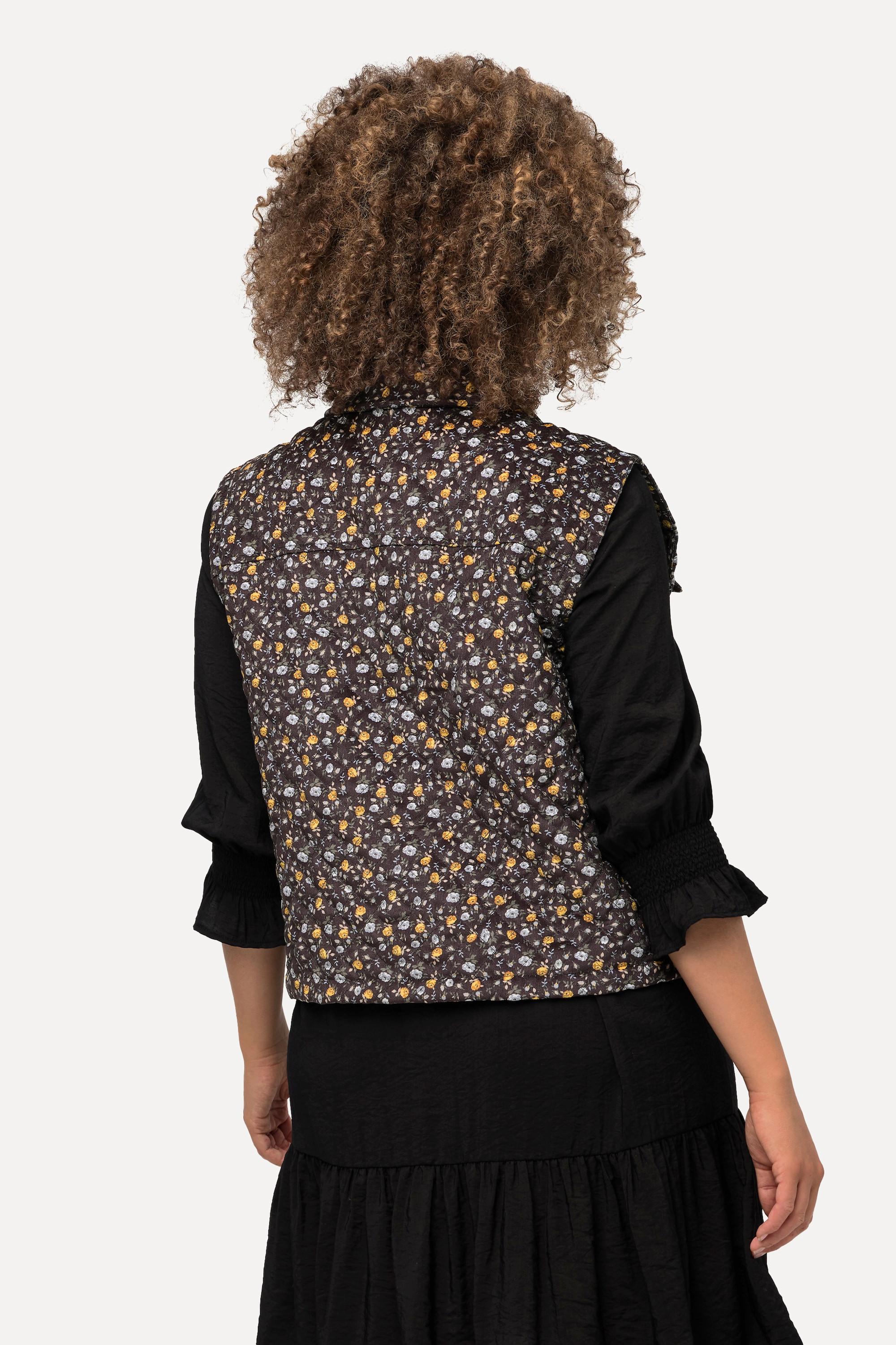 Ulla Popken  Gilet matelassé en velours côtelé, motif fleurs et col chemise 