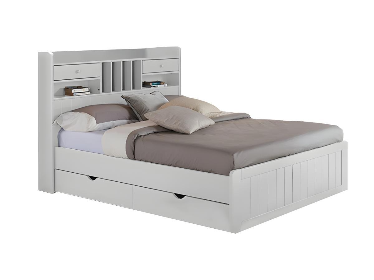 Vente-unique Lit avec rangements 140 x 190 cm - Pin - Blanc + Sommier + Matelas - MEDERICK  