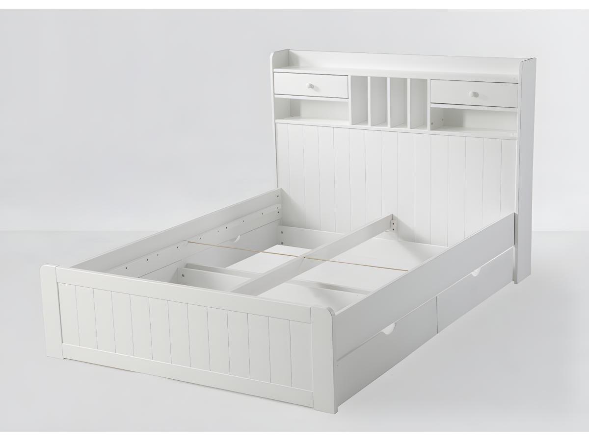 Vente-unique Lit avec rangements 140 x 190 cm - Pin - Blanc + Sommier + Matelas - MEDERICK  