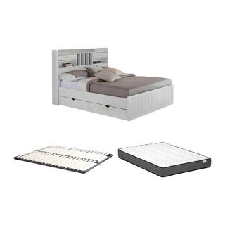 Vente-unique Lit avec rangements 140 x 190 cm - Pin - Blanc + Sommier + Matelas - MEDERICK  