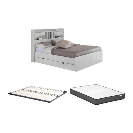 Vente-unique Lit avec rangements 140 x 190 cm - Pin - Blanc + Sommier + Matelas - MEDERICK  