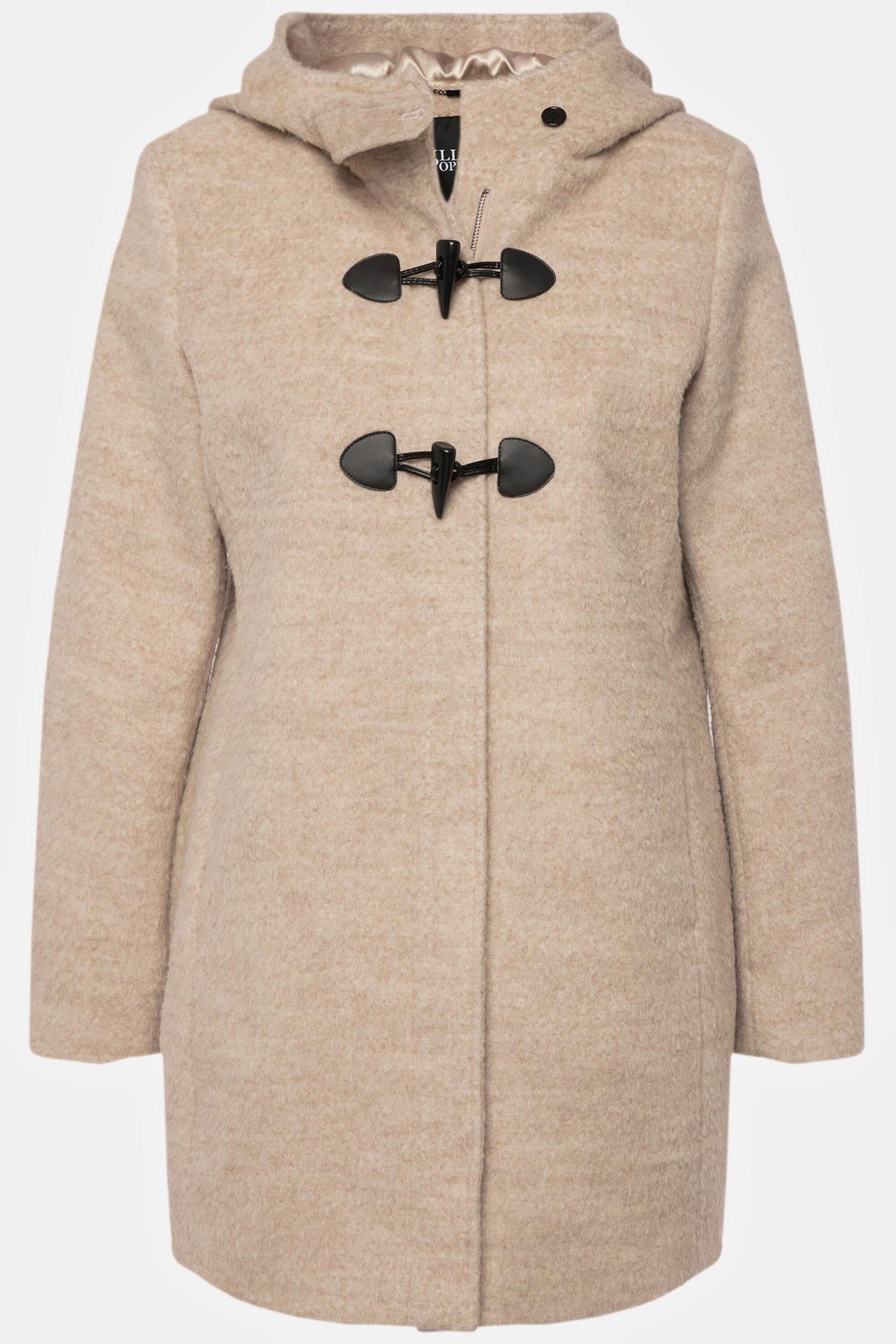 Ulla Popken  Duffle-coat en laine mélangée, ligne en A avec capuche, manches longues et boutons oblongs 