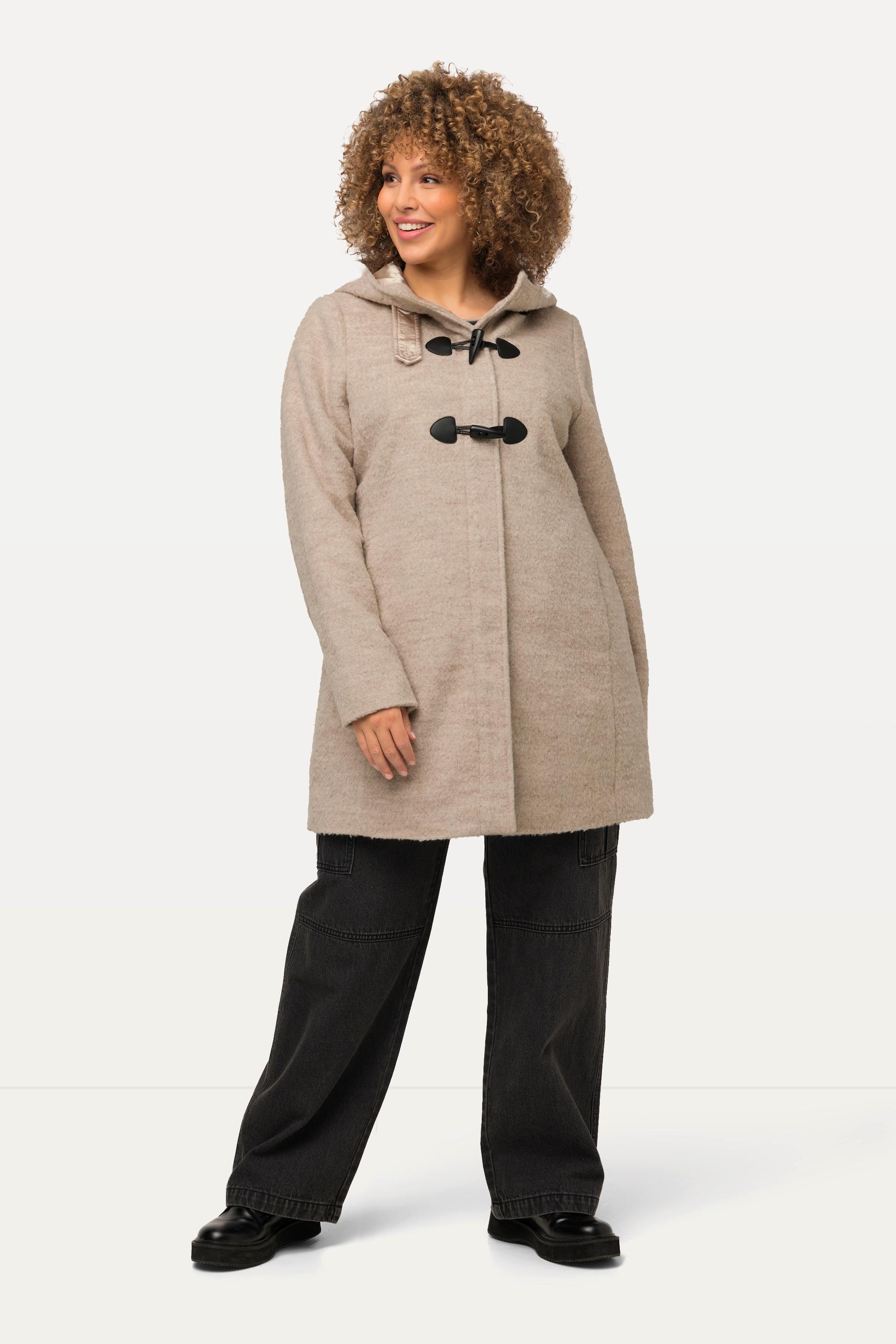 Ulla Popken A-Linie Wollmix Dufflecoat mit Kapuze und Knebelknöpfen  